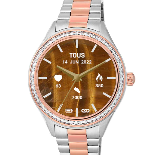 Relógio inteligente T-Shine Connect com pulseira de aço inoxidável, aço com revestimento IP em ouro rosa e zircônias brancas.