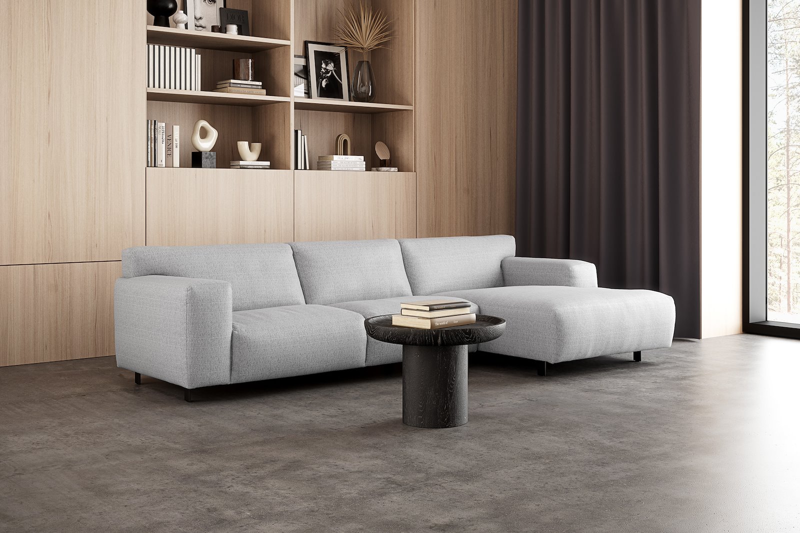 Vesta 2,5-seter med sjeselong høyre I Tekstil Cortina Silver, standardsøm, sort metallben 10 cm, Comfort CM