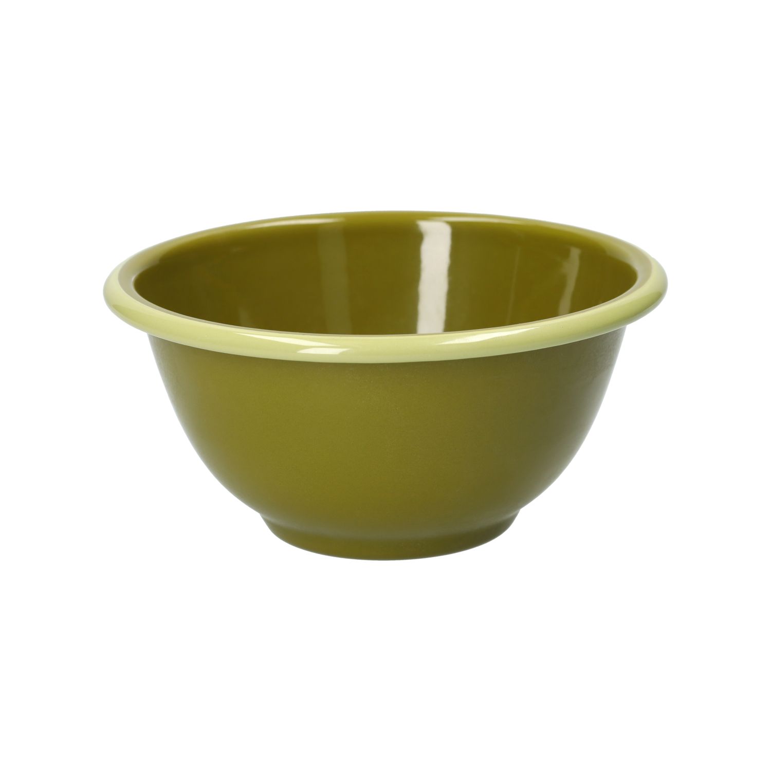 Schaal, emaille, olijfgroen met lichtgroen randje, Ø14 CM