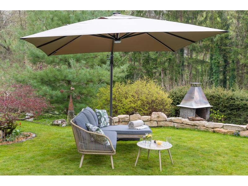 COCON Sonnenschirm mit LED, 300 x 300 cm, hängend, Taupe Eleganter Ampelschirm mit solarbetriebener LED-Beleuchtung