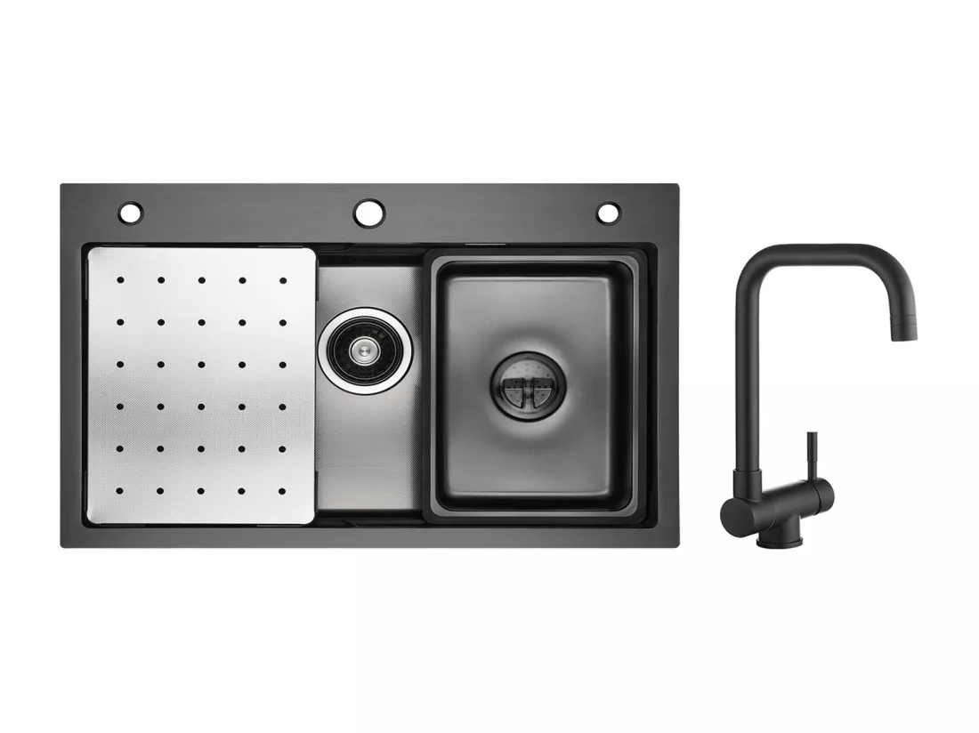 Cecipa max Évier 1 Bac 70×45 CM Noir avec Egouttoir, Vasque et Distributeur de Savon + Mitigeur Rabattable Noir Robinet Pliable Mitigeur Sous Fenêtre