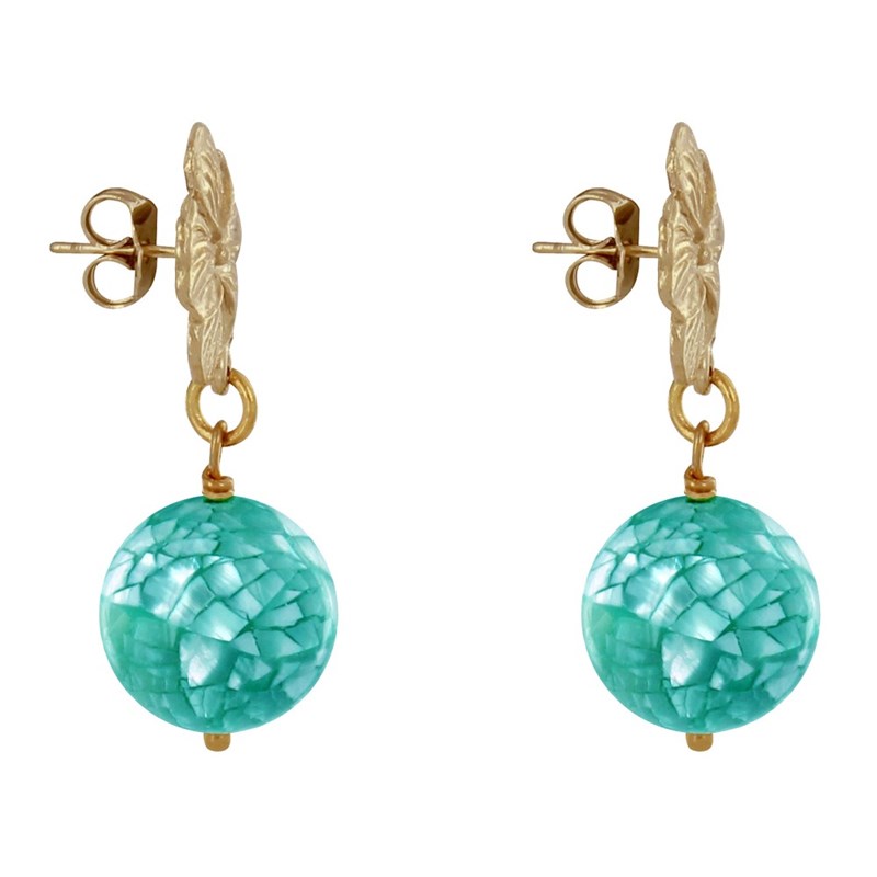 Boucles d'Oreilles Clous Métal Doré Fleur et Perle de Nacre Facettée