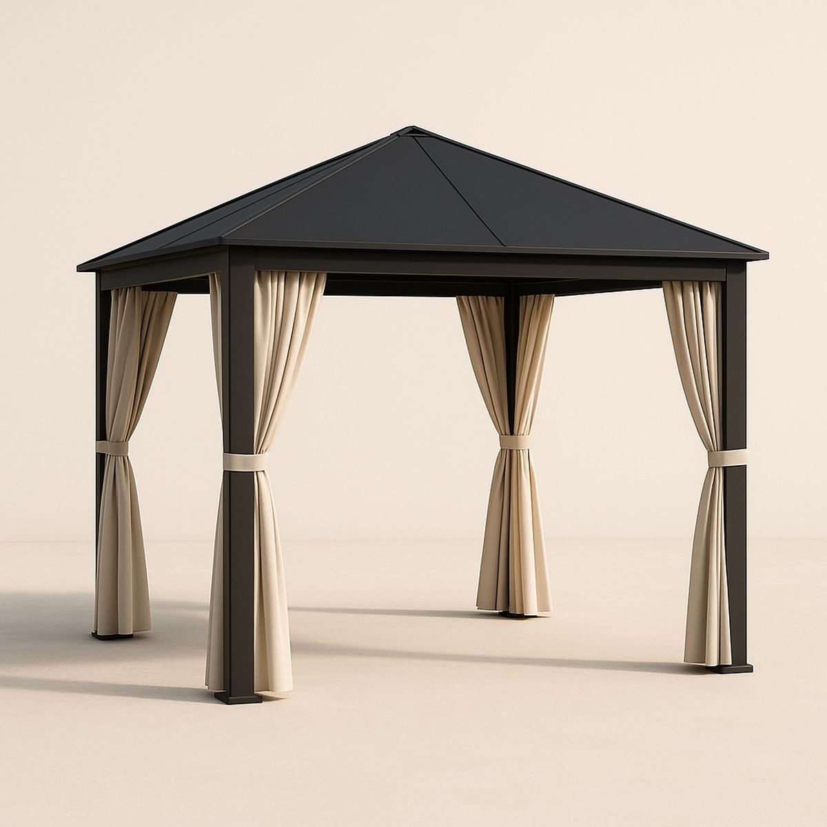 Aluminium Gartenpavillon mit Stahl Dach und Polyester Vorhängen Schwarz/Beige