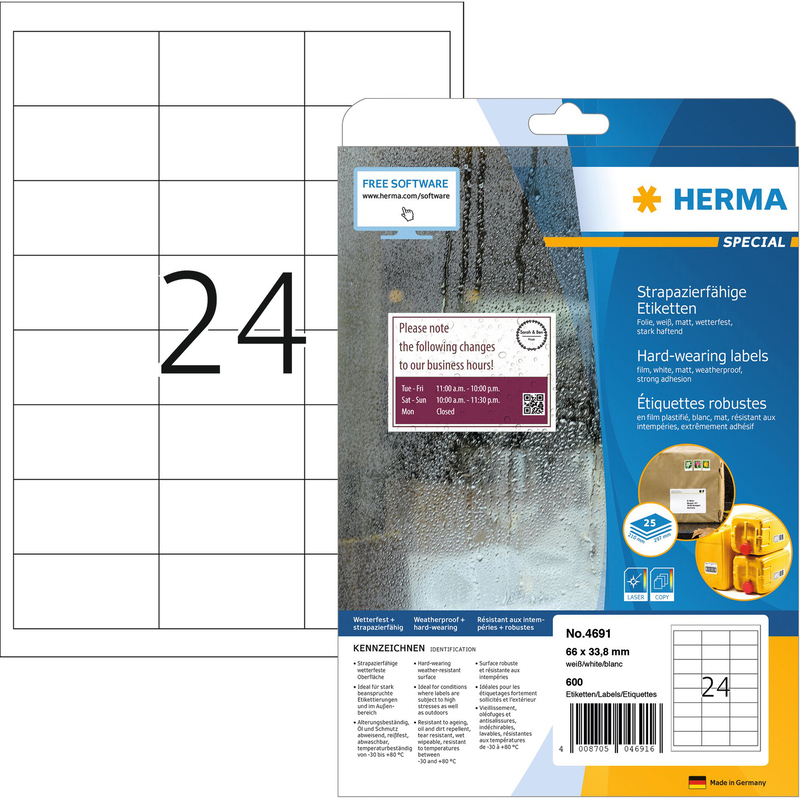 Herma Etiketten extra stark, 4691, 66 x 33.8 mm, 25 Blatt