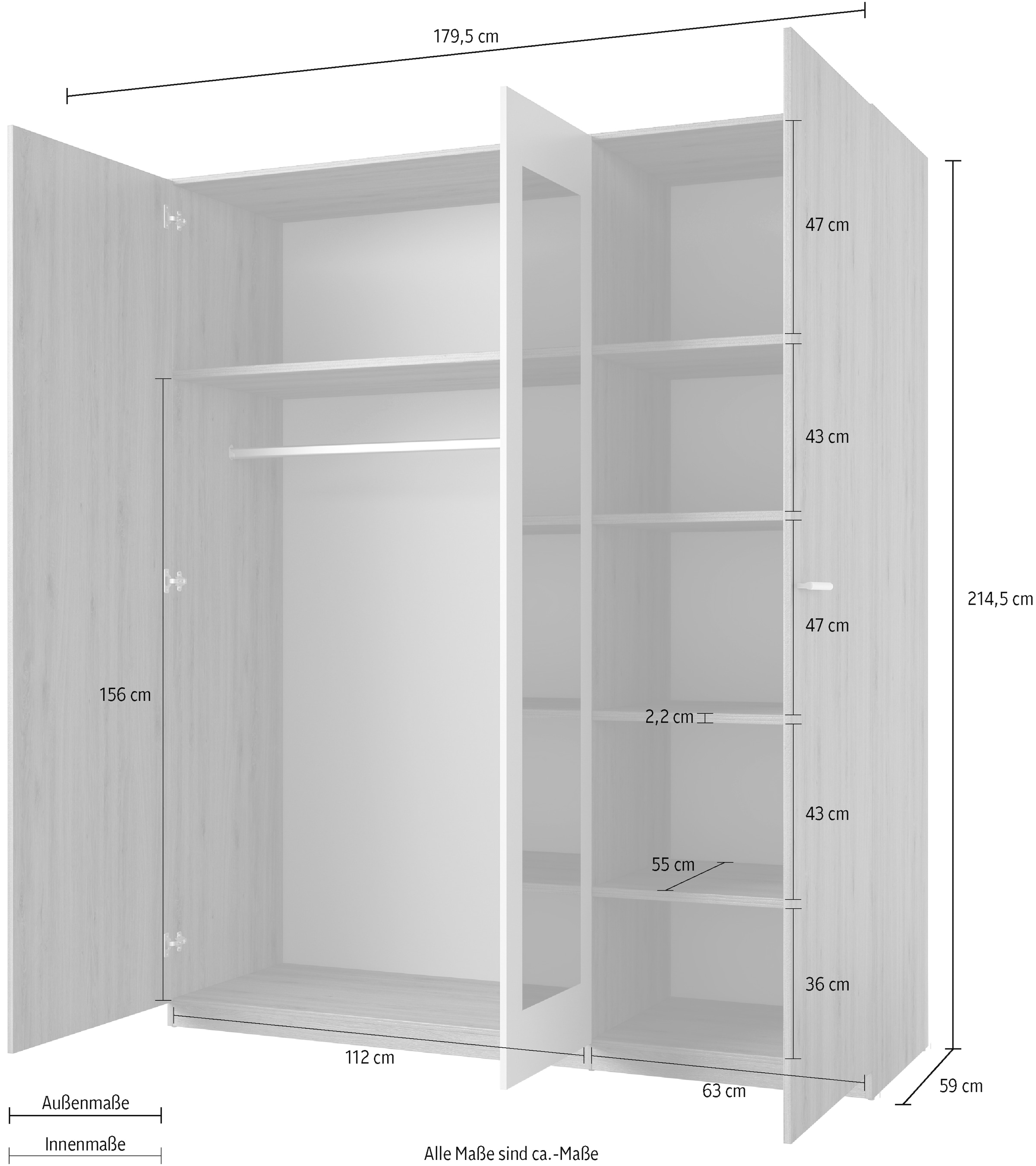 Home affaire Drehtürenschrank »Bitry, Wäscheschrank incl. kompletter Innenausstattung« Kleiderschrank, verstellbare Einlegeböden 22 mm stark, Spiegeltür