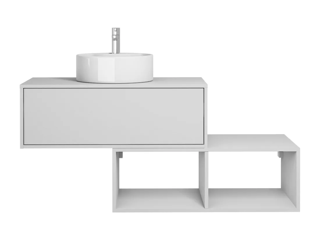 Meuble de salle de bain suspendu blanc avec vasque ronde - 1 tiroir et 2 niches - 94 cm - TEANA II