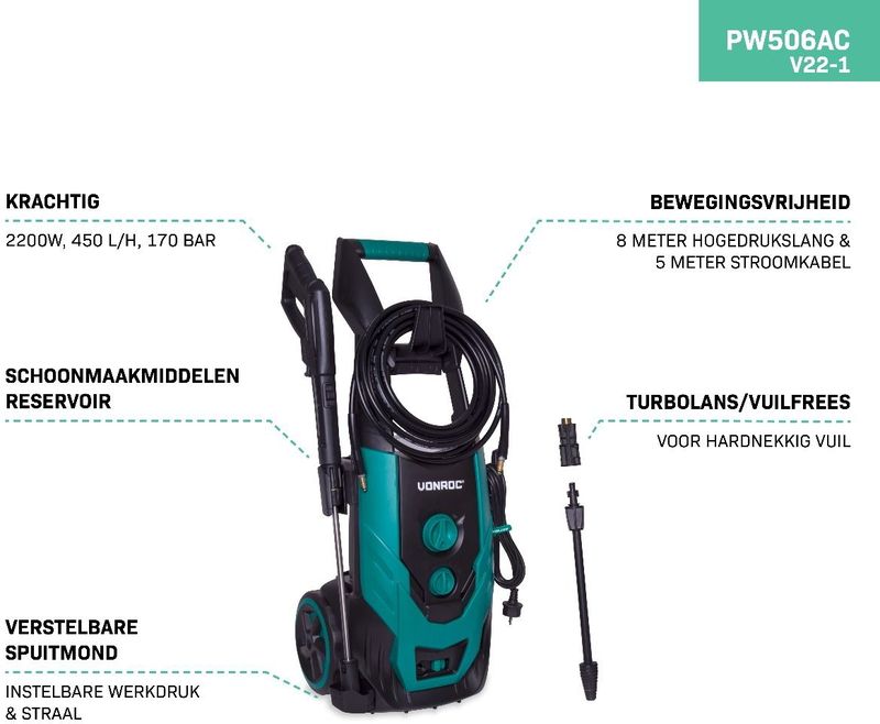 VONROC Hogedrukreiniger V22-1 - 2200W - 170 bar - 450 l/h - Inclusief 8m Slang en Accessoires