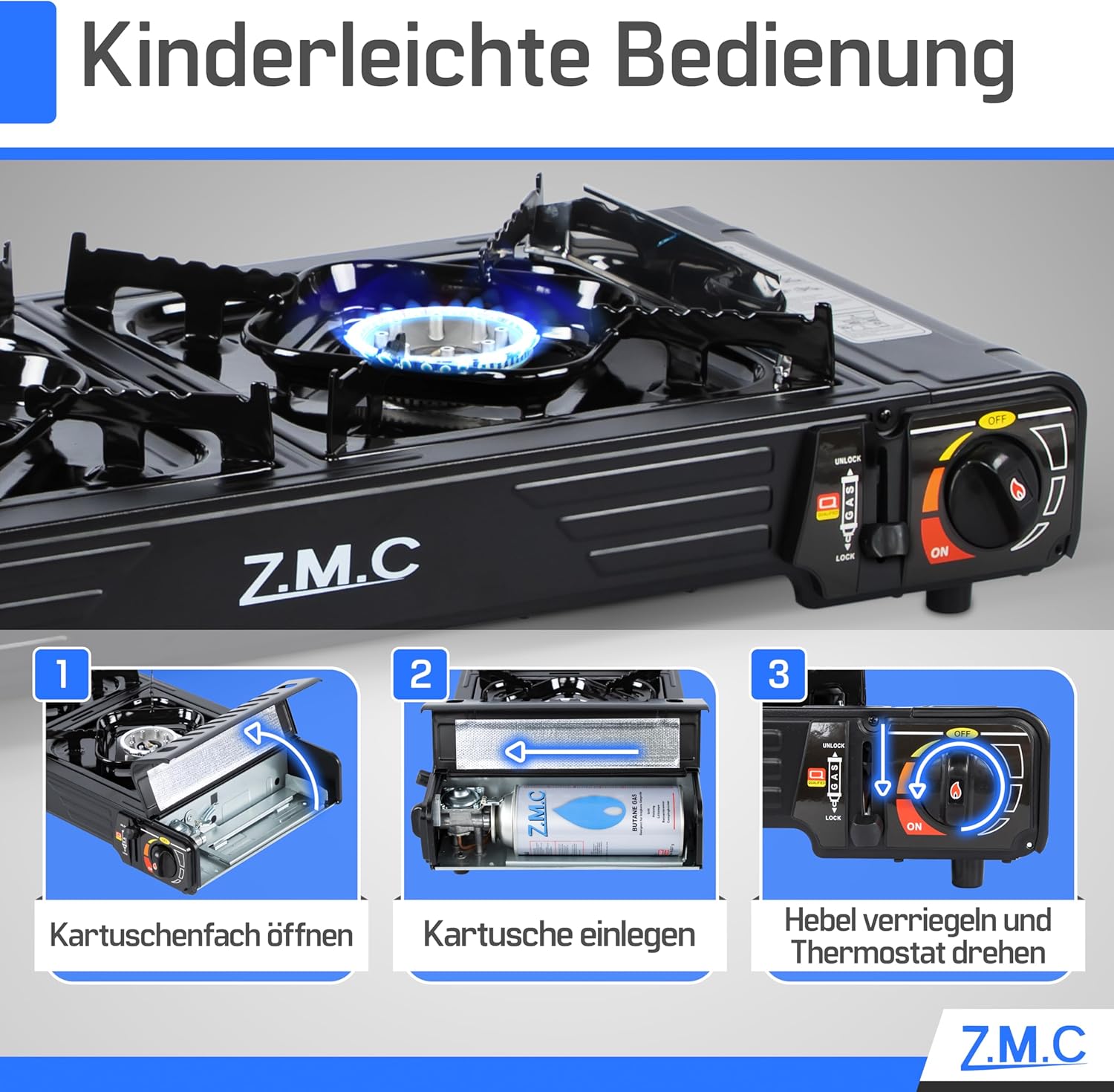 Z.M.C PREMIUM Camping Gaskocher 2-flammig + Grillplatte 45x24 cm + 16 Gaskartuschen 227g, Campingkocher mit Zündsicherung für Outdoor und Innenraum, Balkon Tisch Doppelgaskocher mit Piezozündung