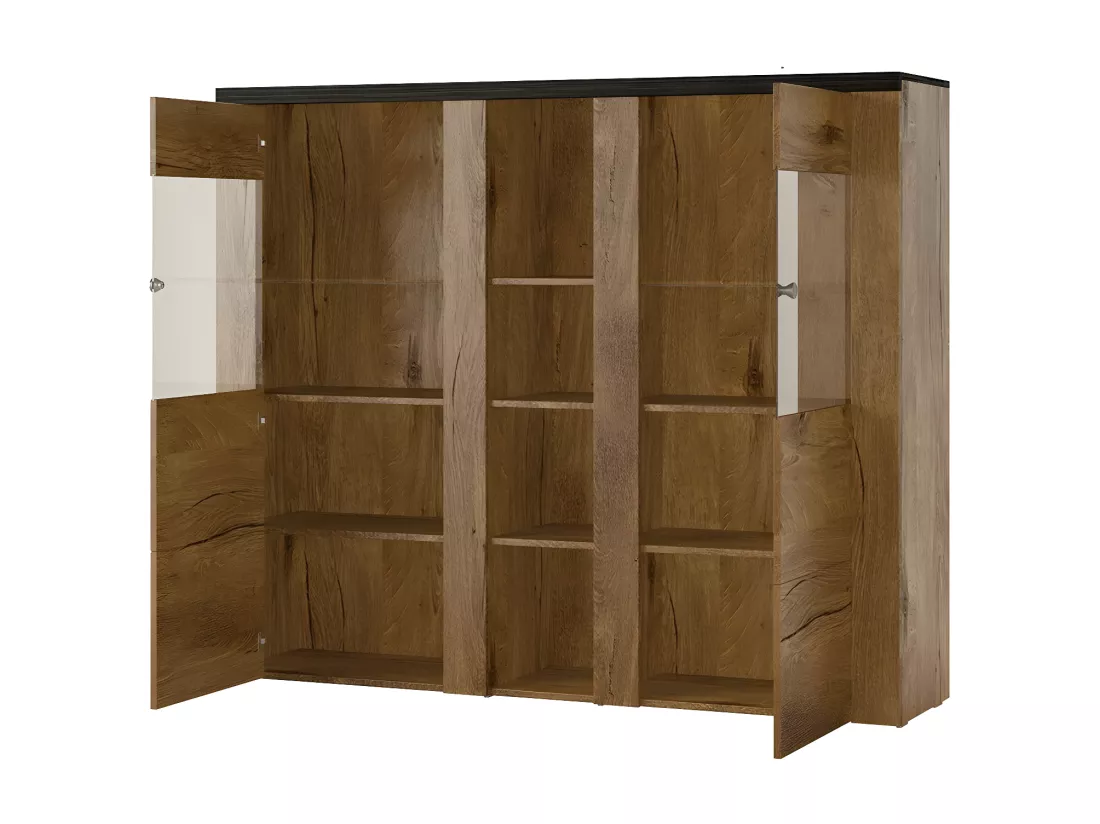 Vaisselier design 2 portes pour salon couleur blanc effet bois et chêne. Collection SANTIAGO.