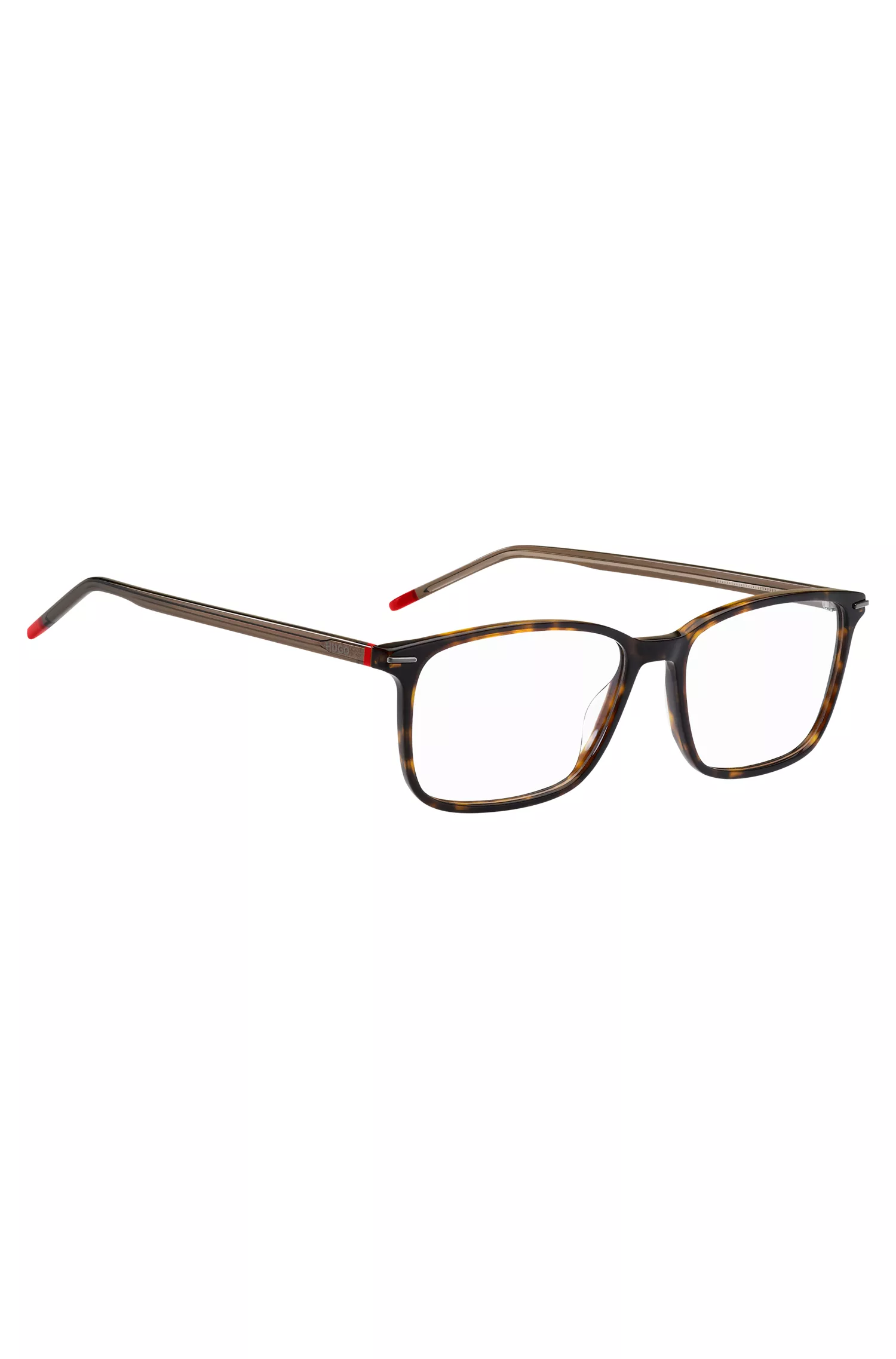 Armação de óculos HUGO em acetato vermelho Havana com detalhes em vermelho.