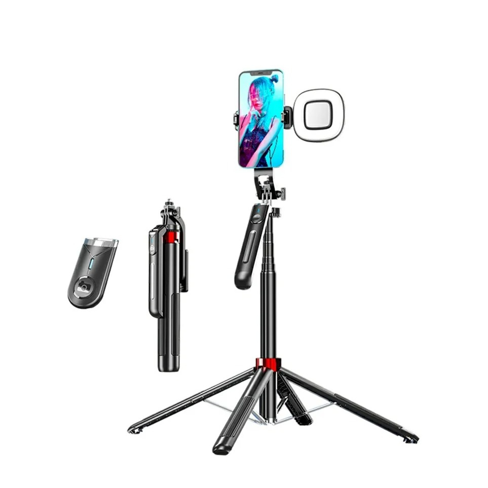 (180cm) Universal Bluetooth 5.2 Selfie Stick Tripod Vierbein Stativ Halterung mit LED Licht   Fernauslöser für Smartphone - Schwarz