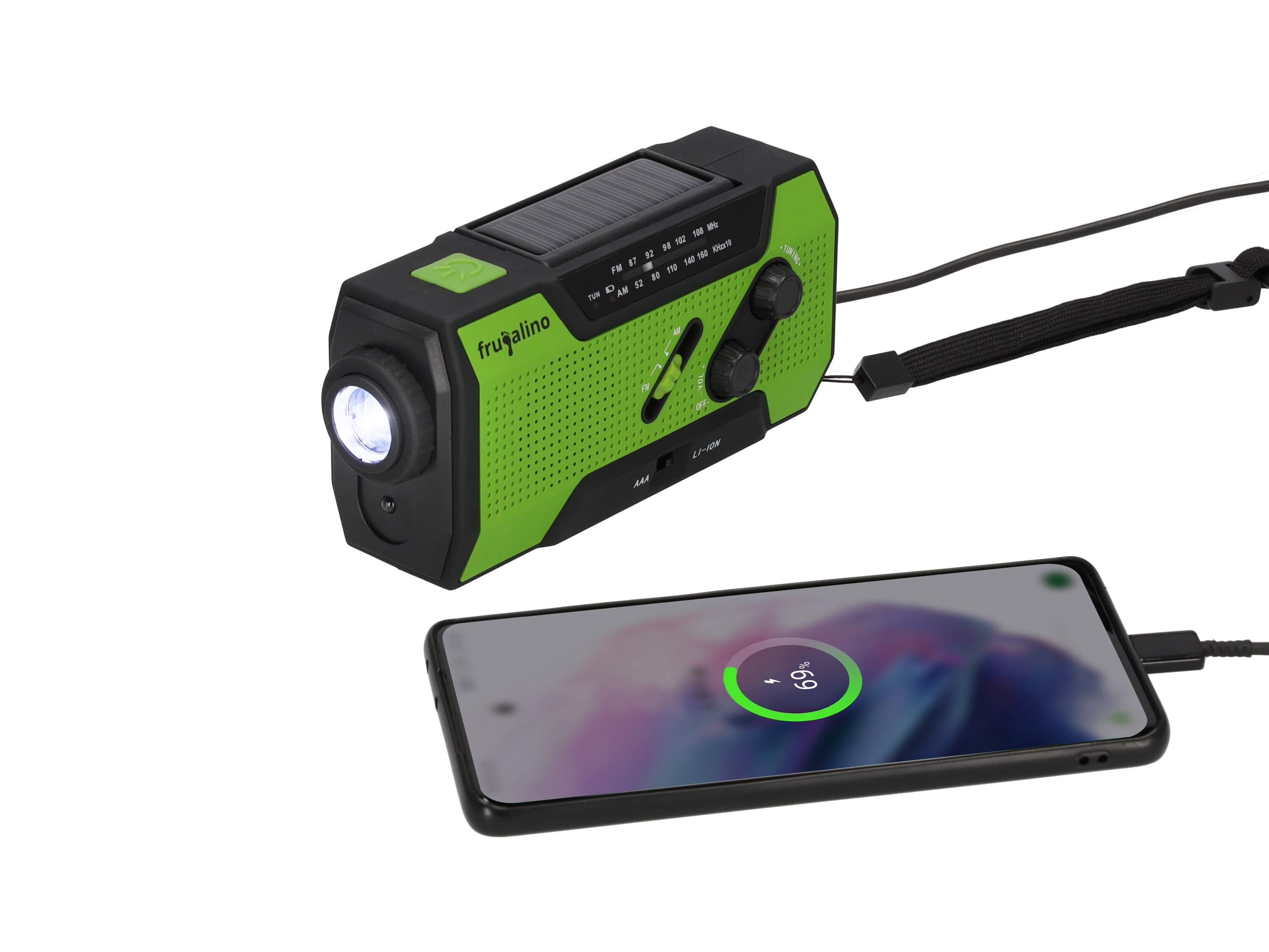 Frugalino Blackout Notfall-Radio, Kurbel, Solar, Akku, SOS Alarm