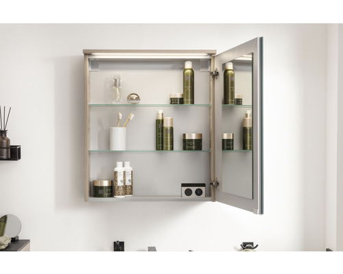 FACKELMANN Oxford spiegelkast, 60,2 x 20 x 69,6 cm, eiken natuur, 1-deurs, LED, IP20