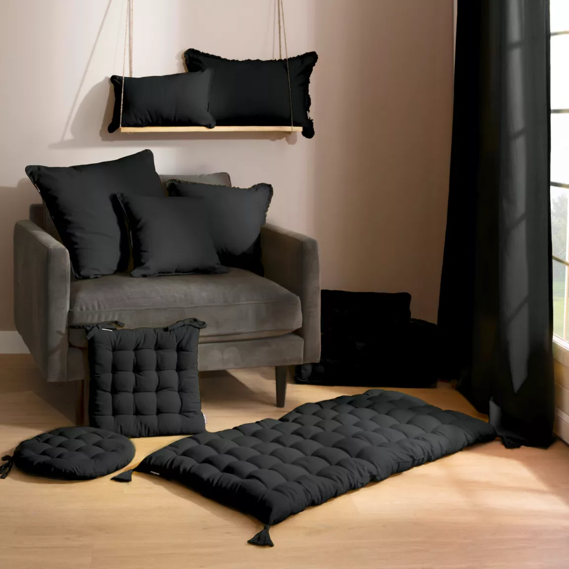 Coussin de chaise rond coton (40 cm) Pixel Noir