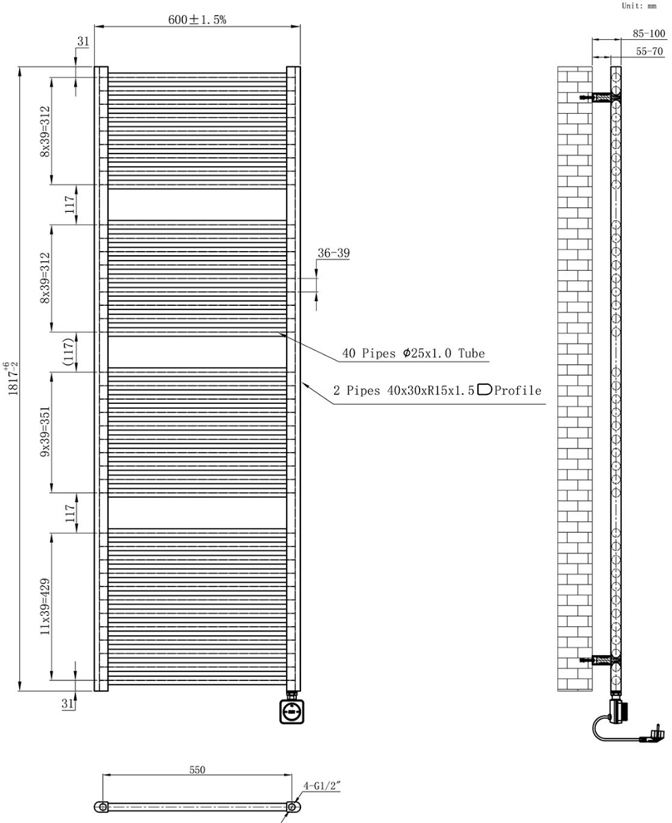 Calor Elara elektrische radiator met smart wifi 60x181.7cm gunmetal 1000W