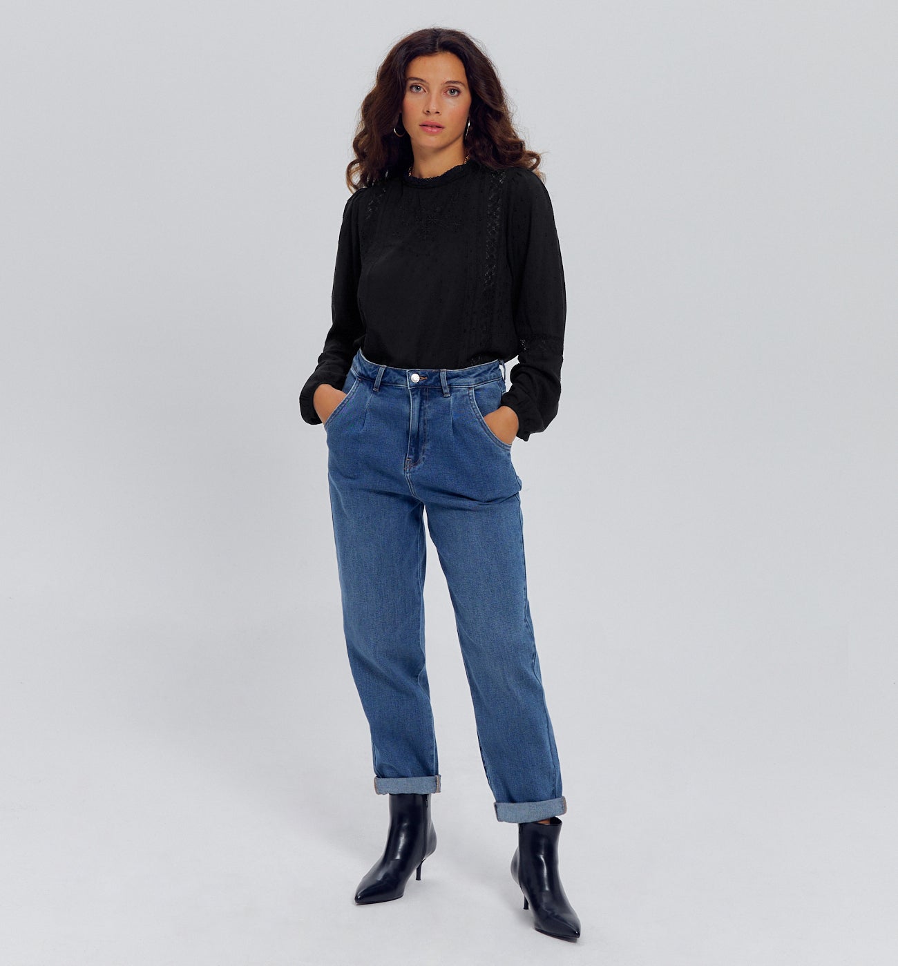 Blouse rétro brodée Femme - Noir