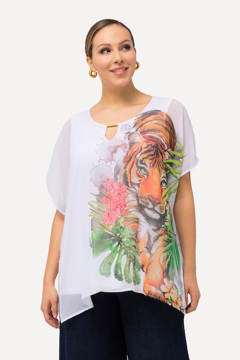 Bluse, Tiger, doppellagig, Rundhals, Halbarm