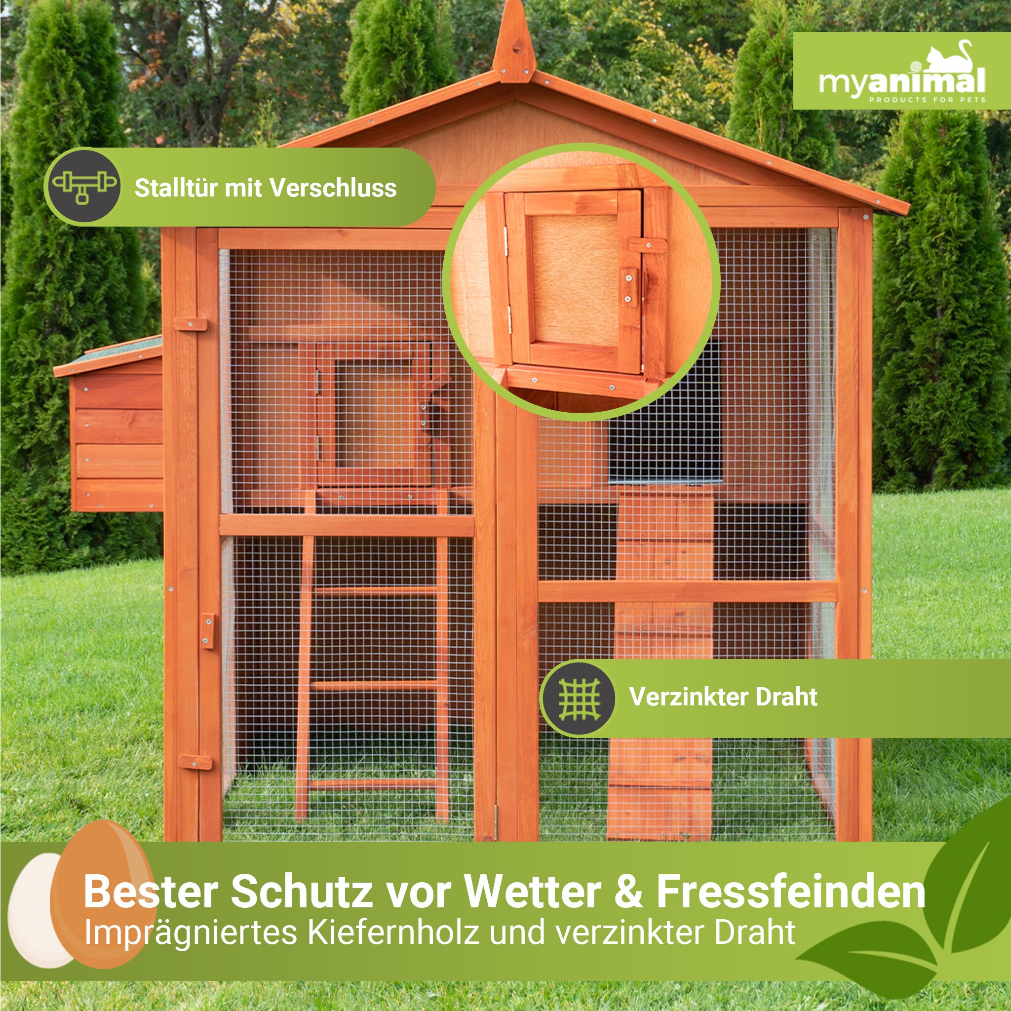 MyAnimal Hühnerstall groß für 7 Hühner MH-15, Hühnerhaus auf 2 qm², mit Auslauf, separates Legenest (Braun)
