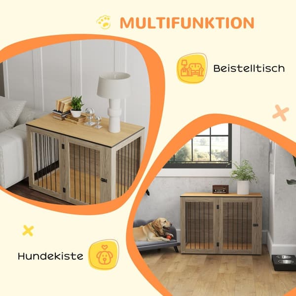Hundeburmøbler, hundeboks med dør og vindu, sidebord til hjemmet, hundehus for store hunder under 30 kg, stål, 106 x 60 x 76 cm, eik