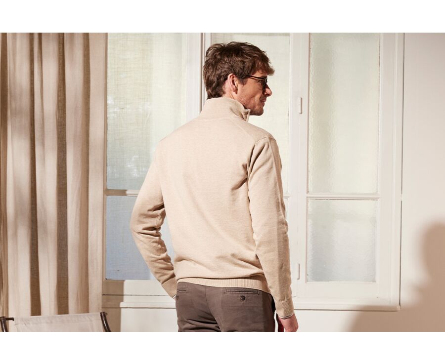 Pull col zippé homme fin coton bio/cachemire Beige Chiné - VLAD