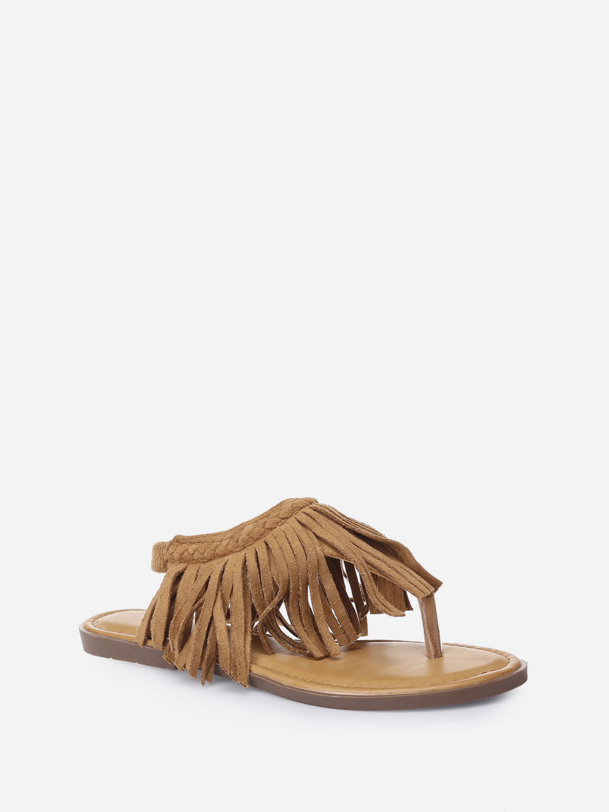 Nu-pieds à franges en suédine- Camel