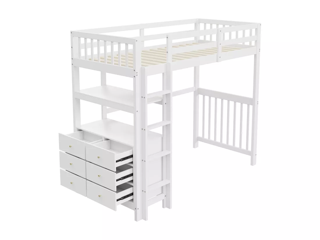 Lit mezzanine 90 x 200 cm avec avec bureau, étagère & 6 tiroirs - bois de pin et MDF - blanc (sans matelas)
