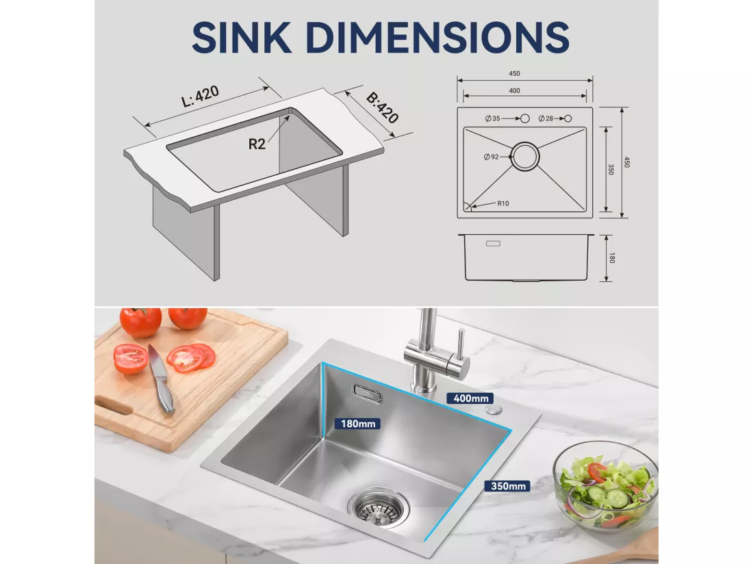 AuraLum Max Évier Cuisine 1 Bac en Acier Inoxydable 304 Brossé 45x45CM Évier encastré et à Poser Évier avec Trou de Montage pour Robinet,EU Modèle