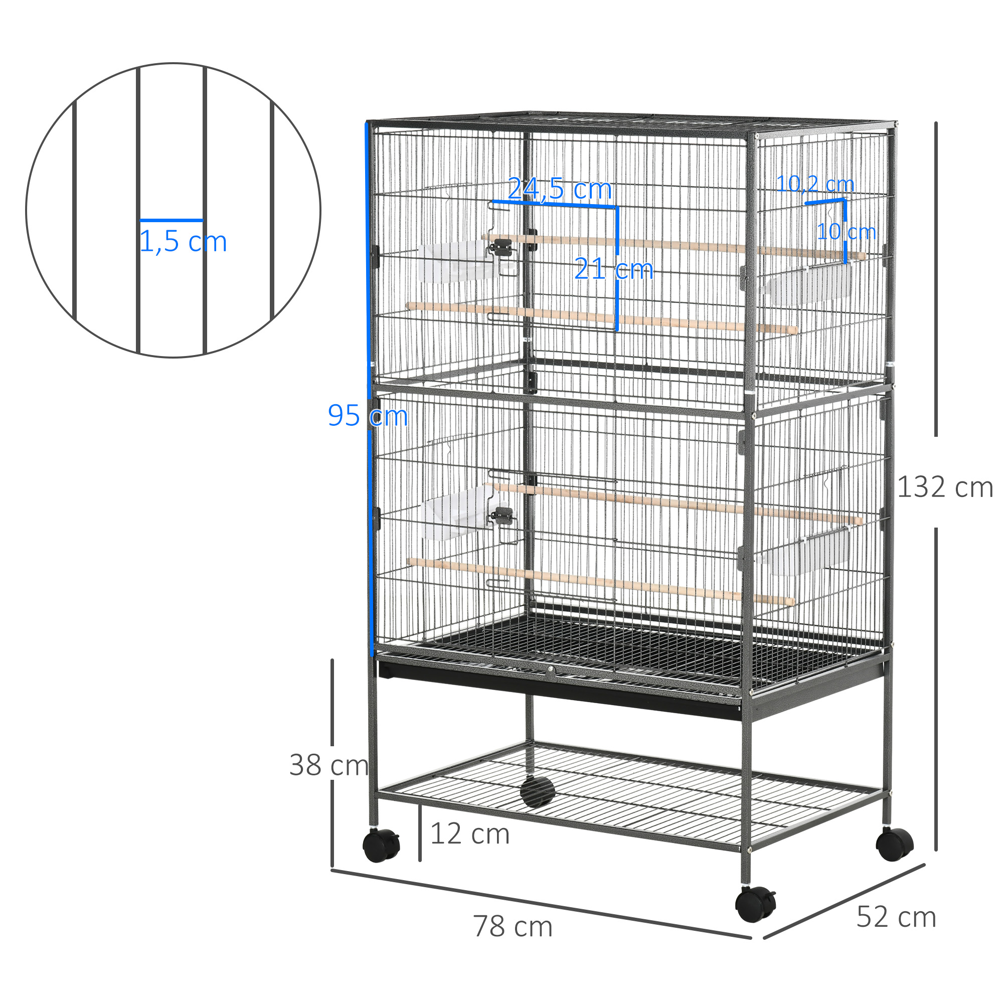 Gaiola para pássaros PawHut com rodas, viveiro de metal com bandeja removível, 4 portas, 4 comedouros, 4 poleiros e prateleira de armazenamento, gaiola para canários e periquitos, 78x52x132 cm, cinza escuro
