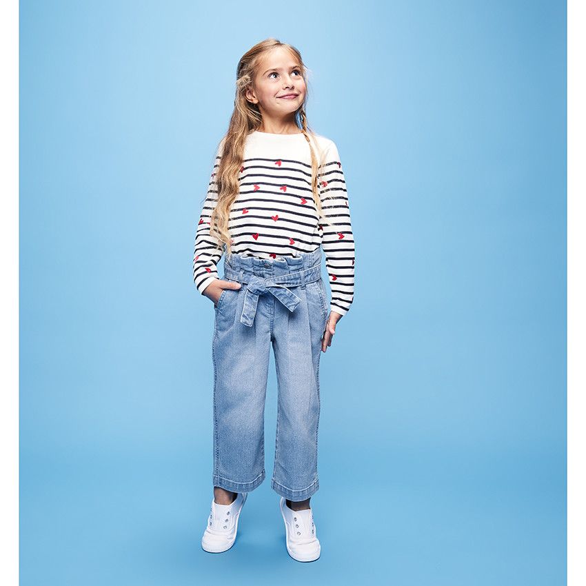 Jean coupe paperbag en denim avec ceinture pour fille - Bleu moyen