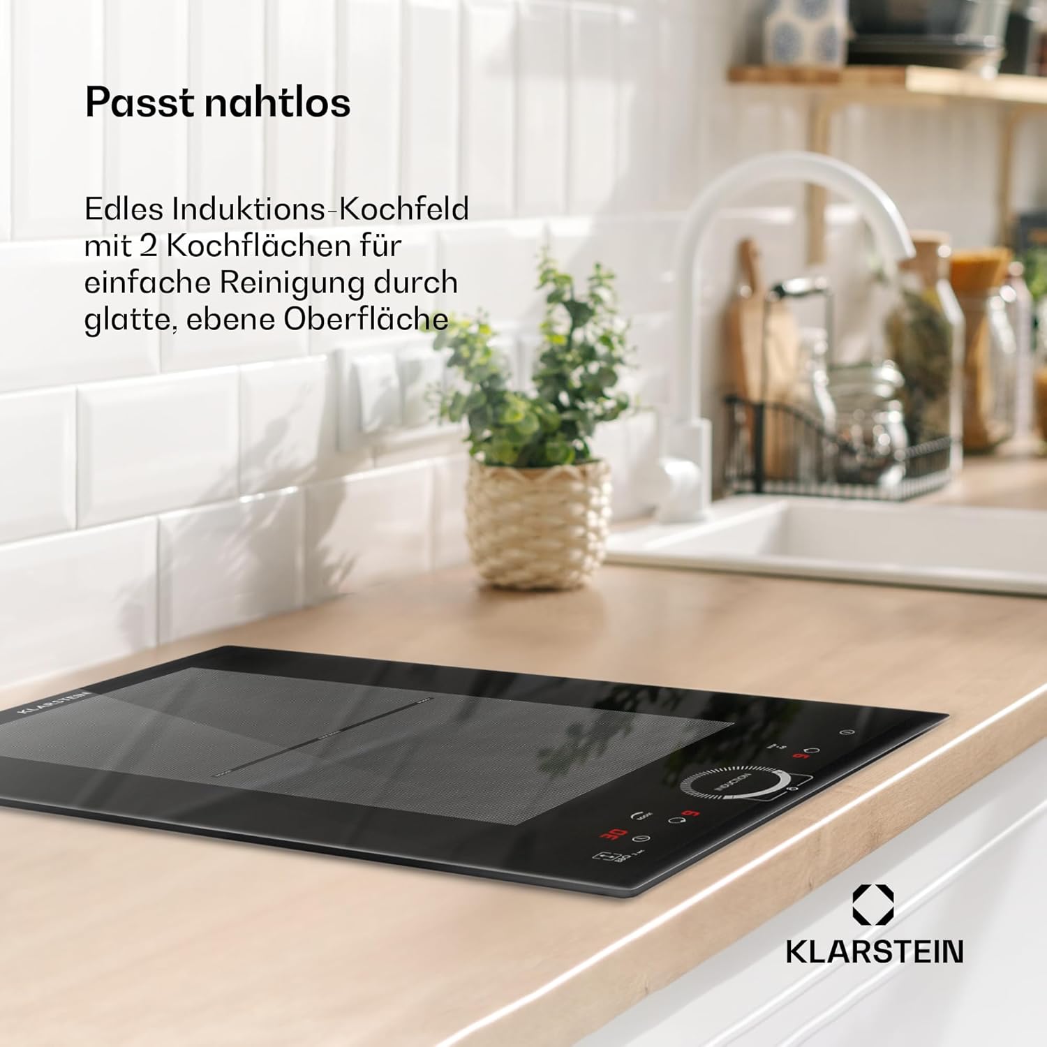 Klarstein Glaskeramik Kochfeld, mit 4 Platten, Einbau-Induktionskochfeld mit Touch-Display, Digitalanzeige und Timer-Funktion, Schnelles Aufheizen, 3500 Watt