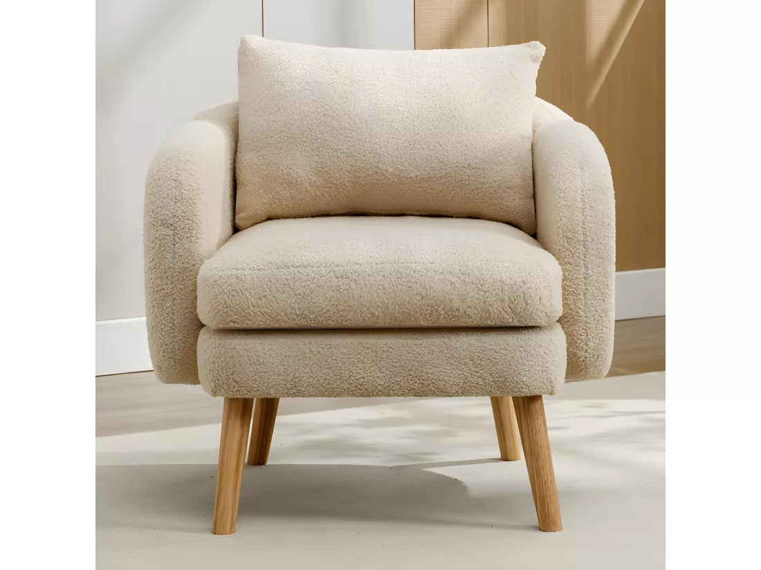 Fauteuil tissu en Teddy - pieds dorés en métal - Beige - Sweiko