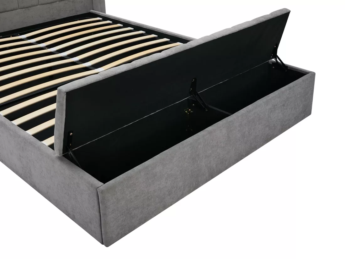 Lit coffre 140 x 190 cm avec banc - Tissu - Gris + Matelas - DOUINO
