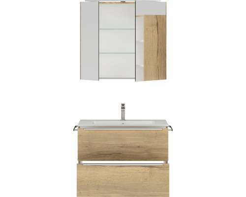 Badkamermeubelset NOBILIA Programma 1 BxHxD 81 x 169,1 x 48,7 cm, frontkleur eiken naturel, met wastafelmeubel en 2-deurs spiegelkast met LED-verlichting, greeplijst chroom mat 062