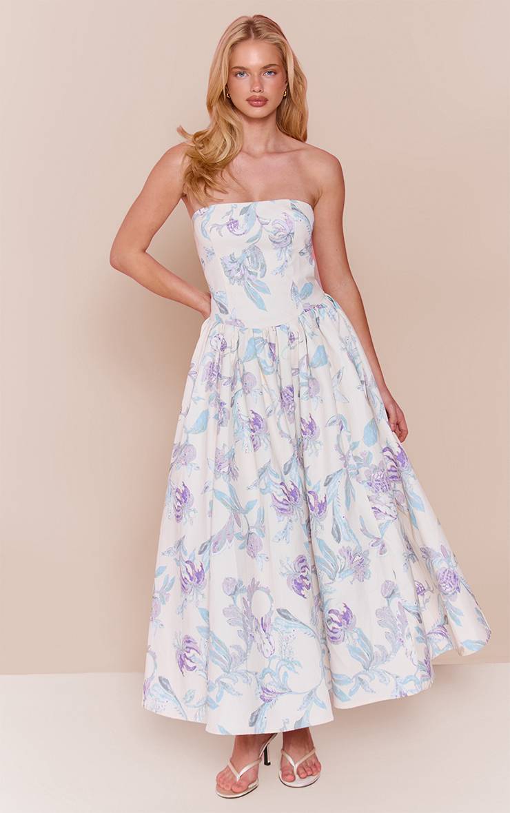 Lilas Robe Patineuse Mi-longue Bandeau Froncée En Tissu Tissé À Imprimé Floral