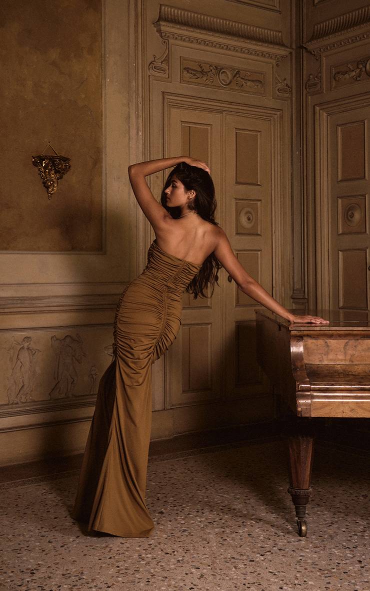 Vert Olive Robe Maxi Fourreau Froncée À Bustier Plt Label