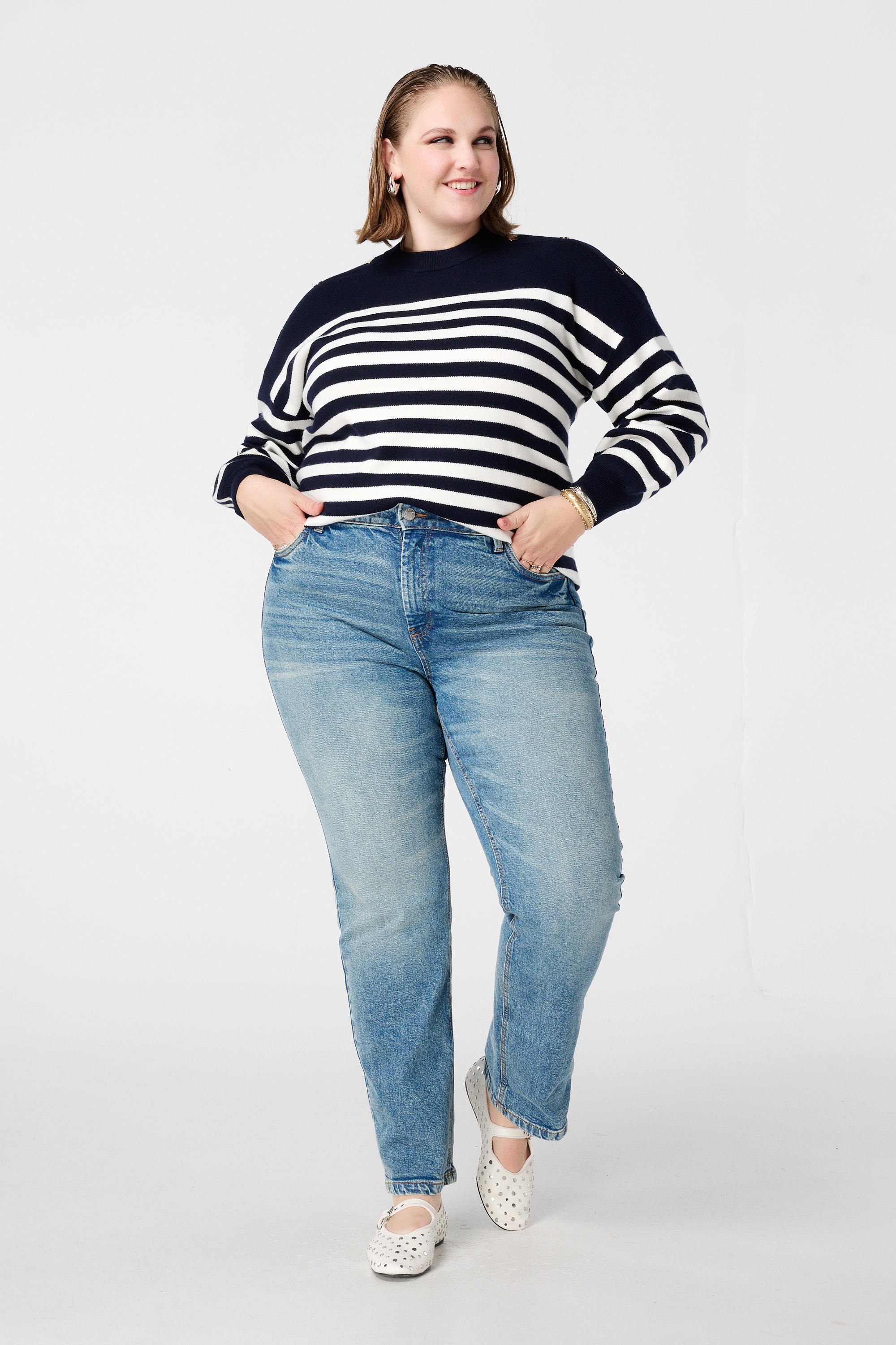 Gestreepte trui met knoopdetail Multi Navy blauw