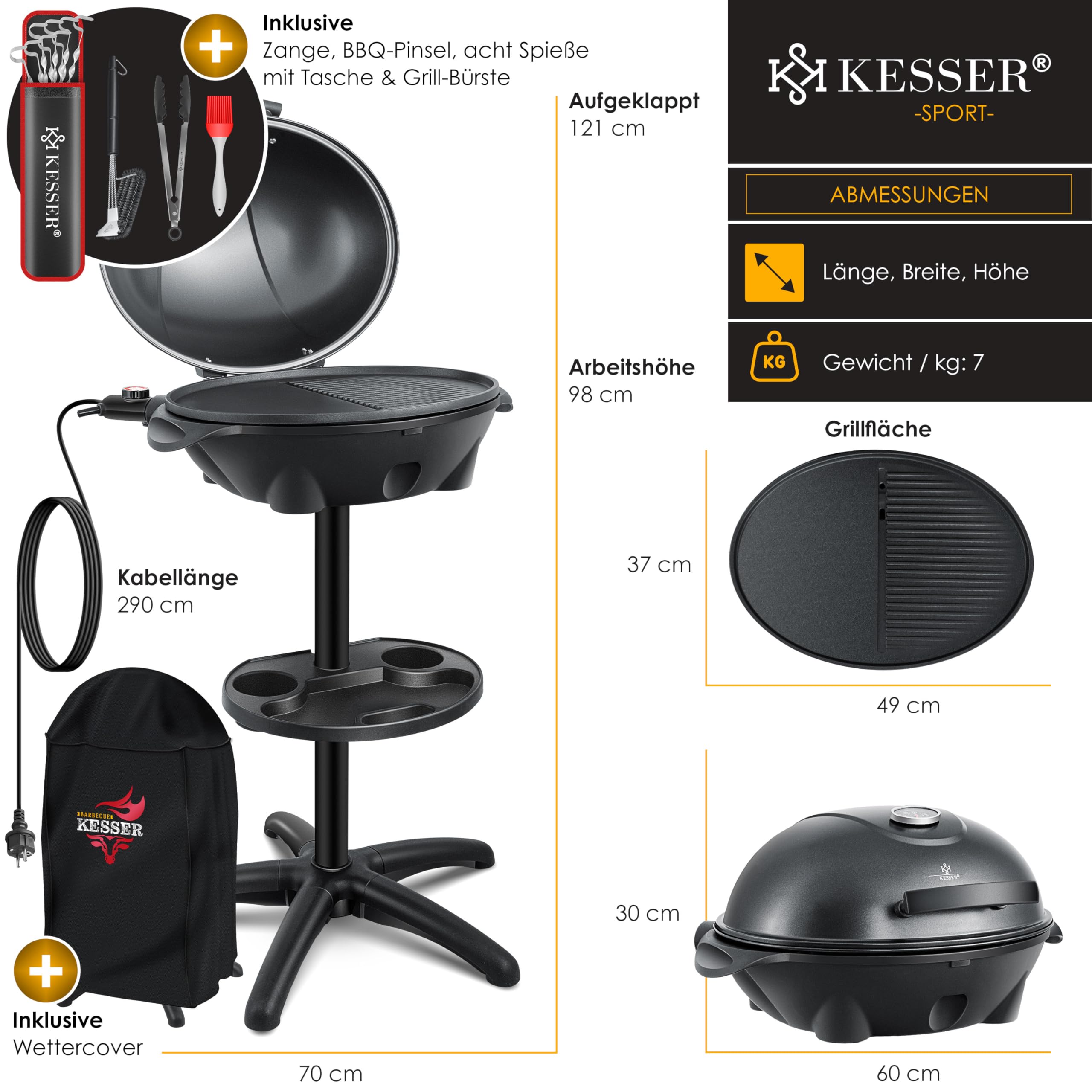 KESSER® Barbecue électrique 2 en 1, sur pied avec couvercle, Thermomètre maximum 2400 W, Revêtement antiadhésif, Plaque de cuisson XXL, Surface de rangement intégrée, Barbecue colonne électrique