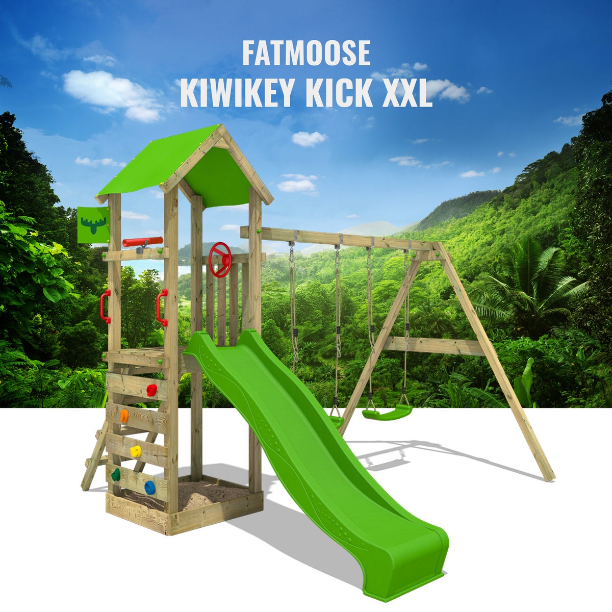 FATMOOSE KiwiKey speeltoren met schommel en groene glijbaan, zandbak, ladder en speelaccessoires