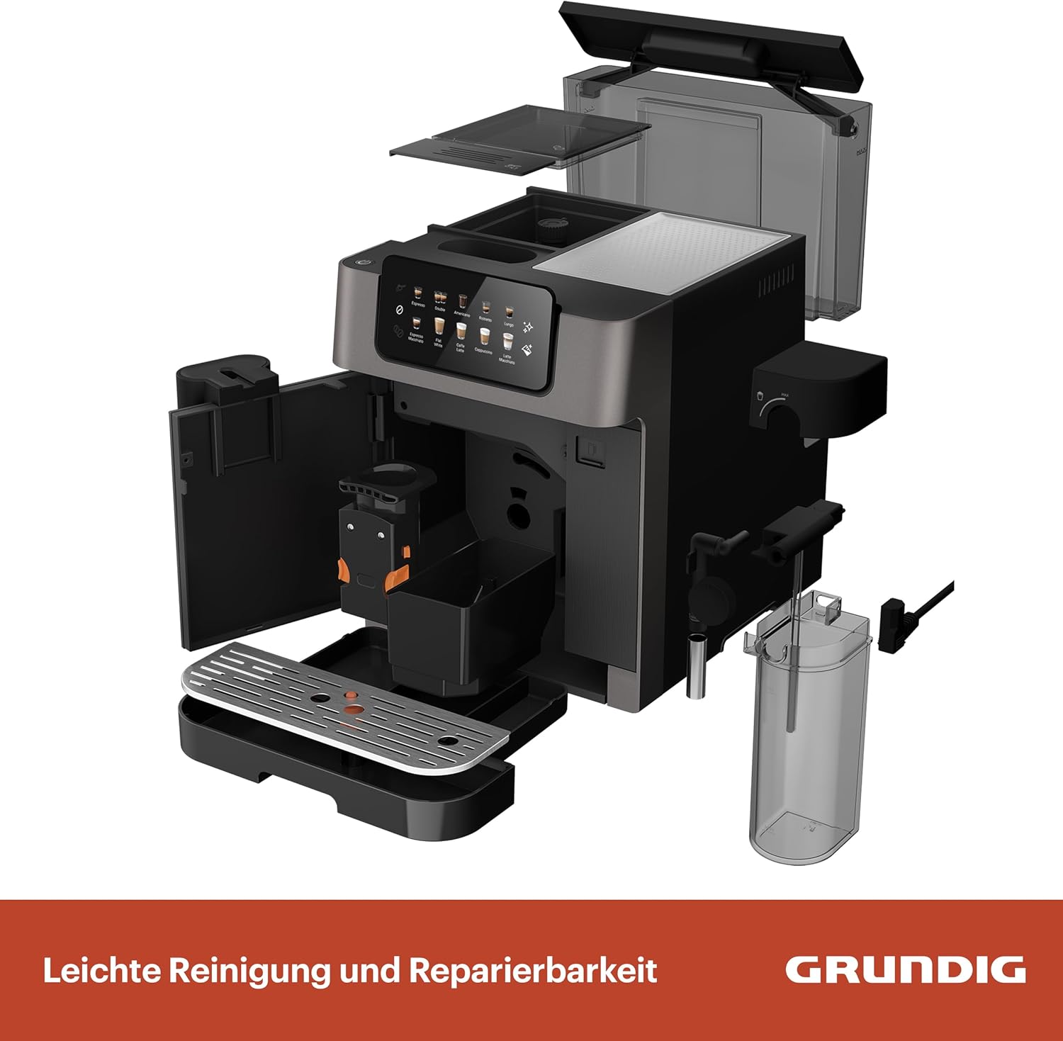 GRUNDIG KVA 7230 Kaffeevollautomat, Kaffeemaschine, 10 Kaffeespezialitäten, 13 Mahlgrade, Milchbehälter, leistungsstark 1350 W, 19 Bar Pumpendruck, Zweifachdüse, Beleuchtung, Schwarz/Dunkelsilber