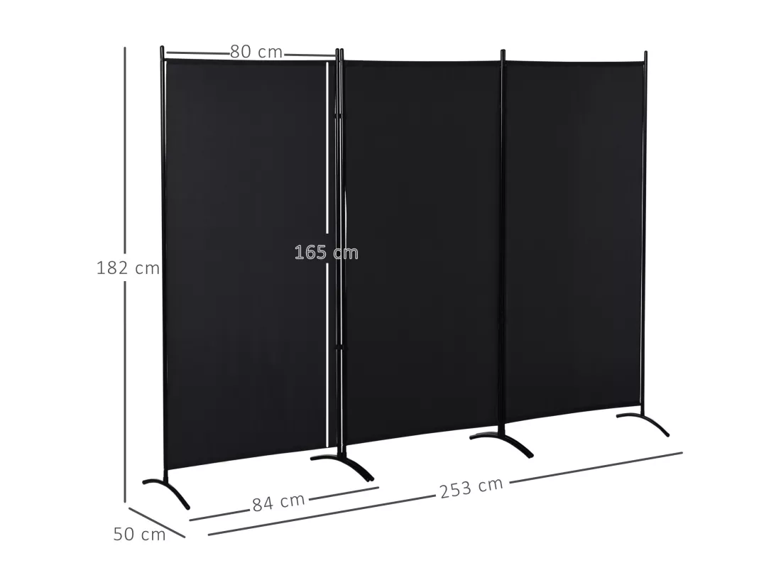 Paravent 3 panneaux sur pied brise-vue séparateur métal époxy polyester haute densité noir