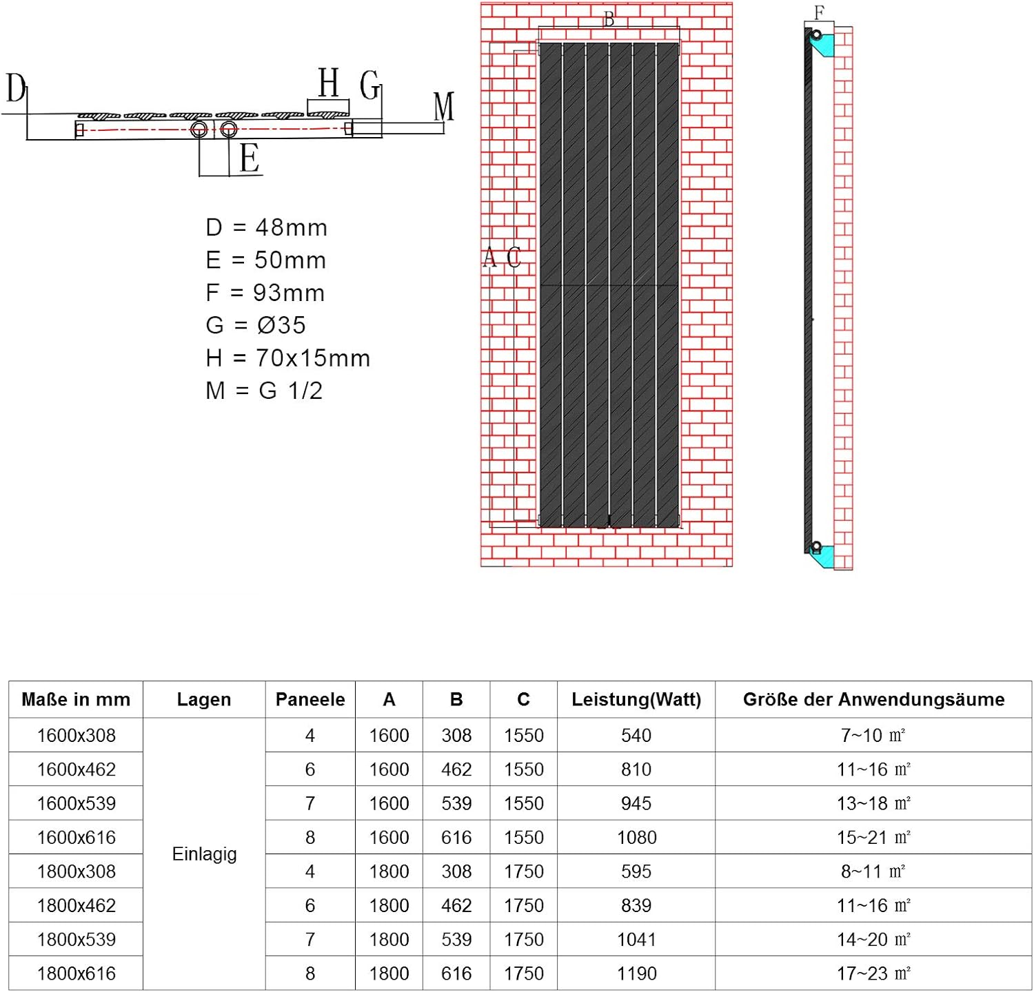 Design Flach Heizkörper 1600x616mm Weiß Paneelheizkörper Vertikal Mittelanschluss Einlagig