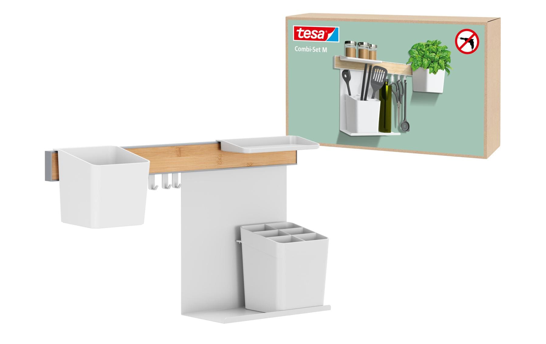 Kombi Set M Bambus/Weiss<br>Selbstklebende Leiste mit Topf, Ablagen, Utensilienbox und Haken