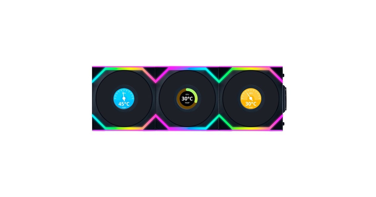 Lian LiUNI FAN SL120 LCD Wireless RGB case fans  (Zwart, 3 stuks, 120 x 124.5 x 28 mm, PWM)