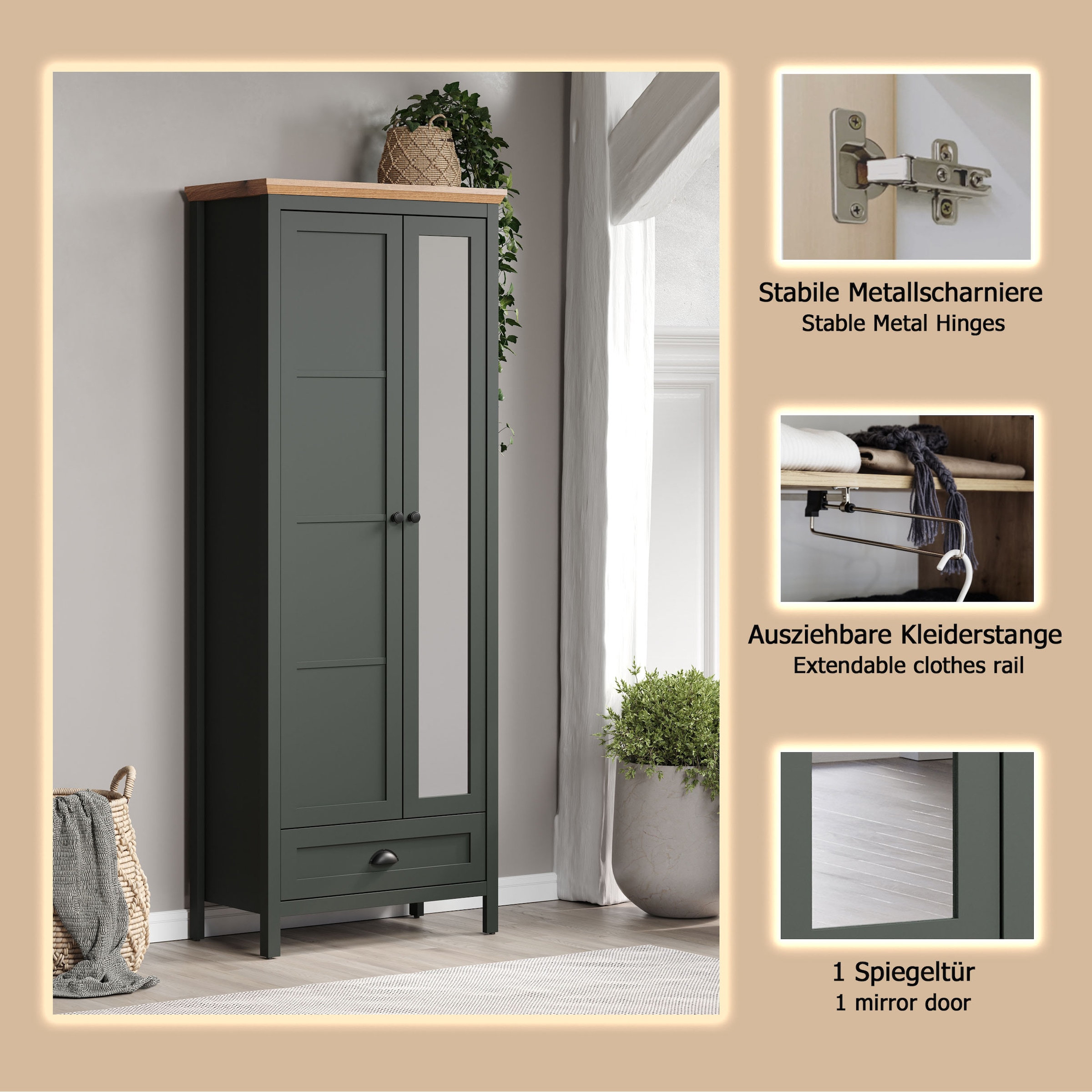 Home affaire Garderobenschrank »Vienna« 1 Stk. tlg. Garderobenschrank, 2 Türen, 1 Schubkasten & Vollauszug 77/39/198 cm