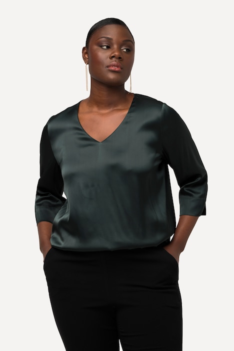 Blusenshirt, Satin, Boxy, V-Ausschnitt, 3/4-Arm