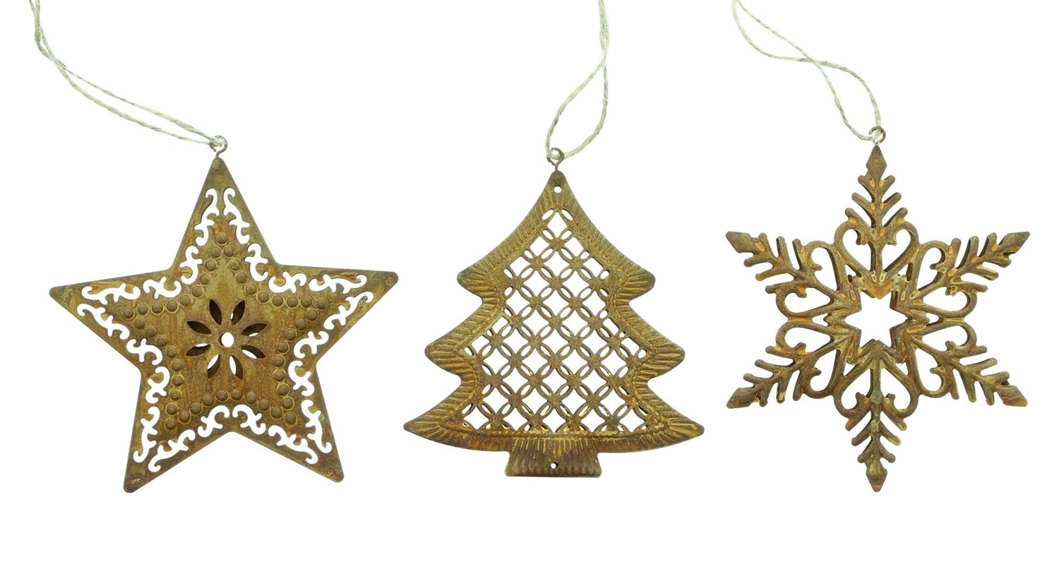 FRANK FLECHTWAREN | Kerstversiering, roestkleurige afwerking, set van 3, 10,5 x 0,5 x 9 cm, metaal, jute