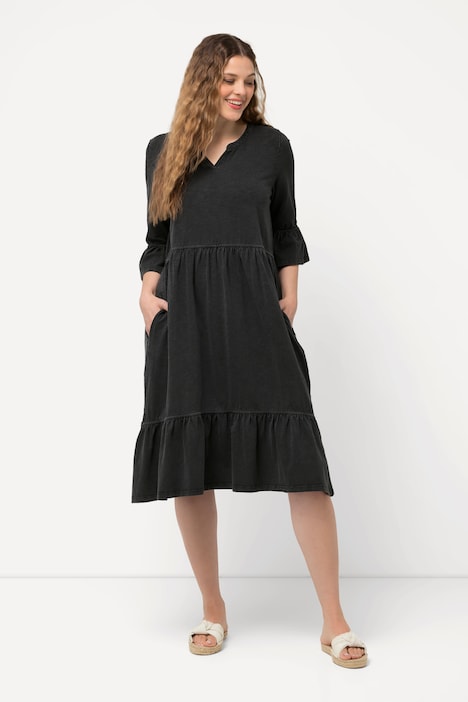 Jerseykleid, Volants, A-Linie, Tunika-Ausschnitt, 3/4-Arm
