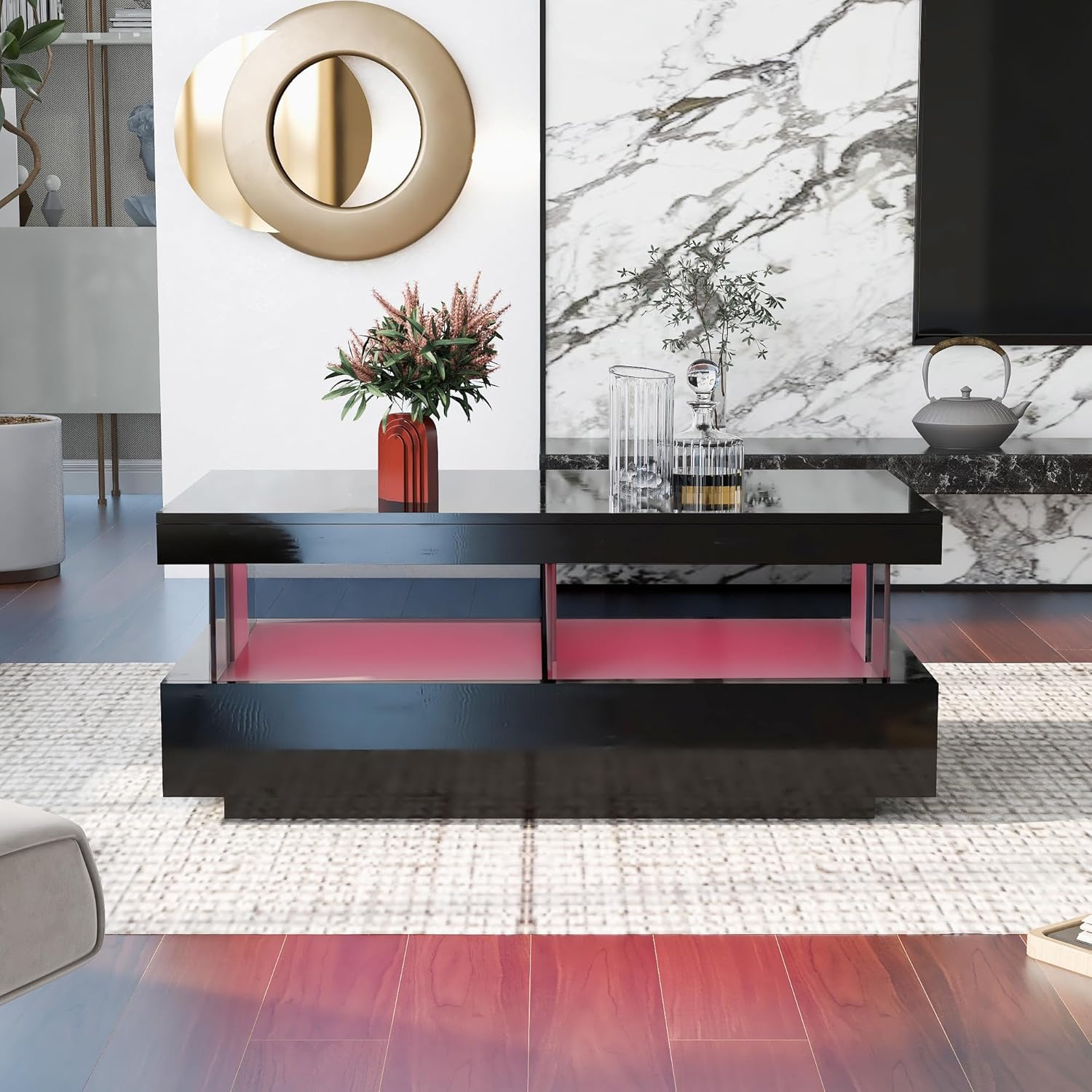 okwish Couchtisch für Wohnzimmer Holztisch Moderner Sofatisch, Schwarz Glanz Kaffeetisch mit LED-Leuchten und 2 Schubladen Lagerung für Zuhause 100 * 60 * 49.5cm