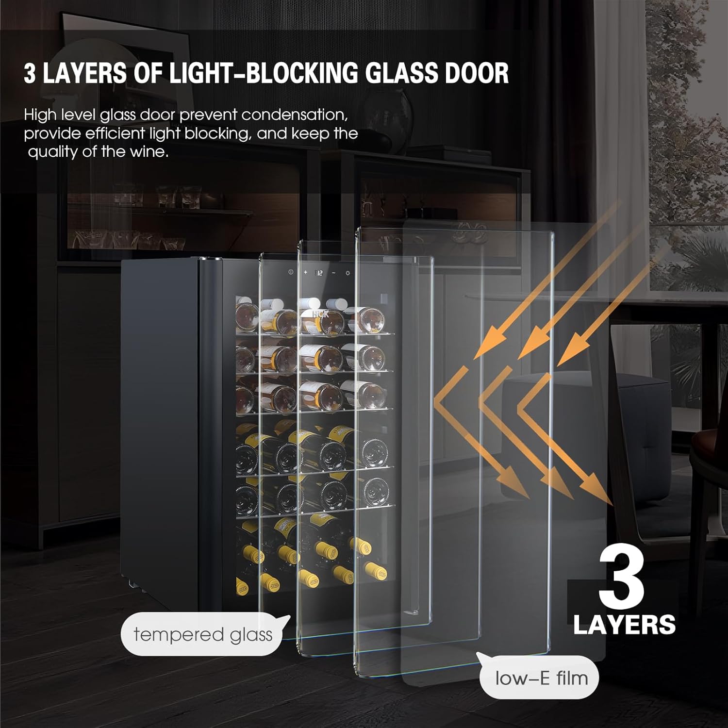 HCK 115 Liter Weinkühlschrank für 48 Flaschen, 4-22°C Weinkühlschränke Flaschenkühlschrank, Getränkekühlschrank mit Glastür, Geräuscharmer Weinschrank, Frostfreie Glastür, Vollglas-Touchpanel, Schwarz