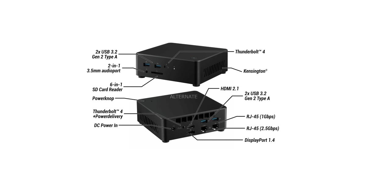 ALTERNATEWorkstation Nuc Core 7 150U pc-systeem  (Zwart | Core 7 150U | Iris Xe Graphics | 32 GB | 1 TB SSD)